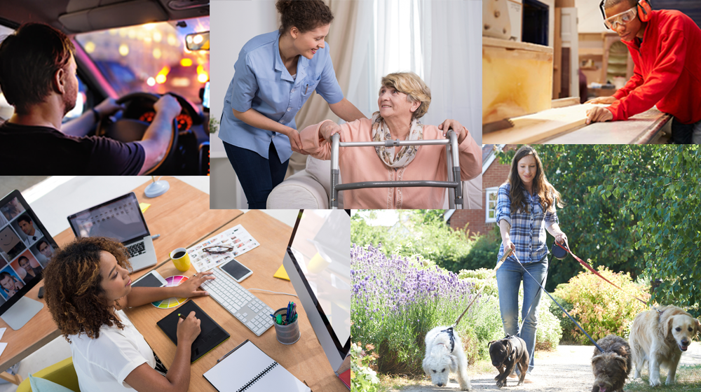 Collage of workers, including in-home health aid, wood worker, dog walker, Uber driver, and office worker.